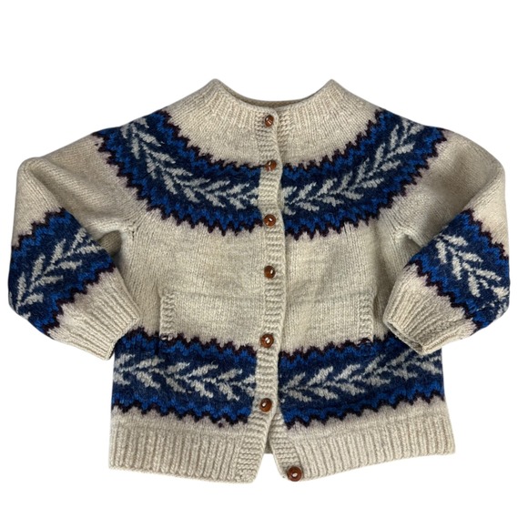 Ecuador Wool Cardigan Sweater Cream Blue Handknit Nordic Button Front Women L - Picture 7 of 7